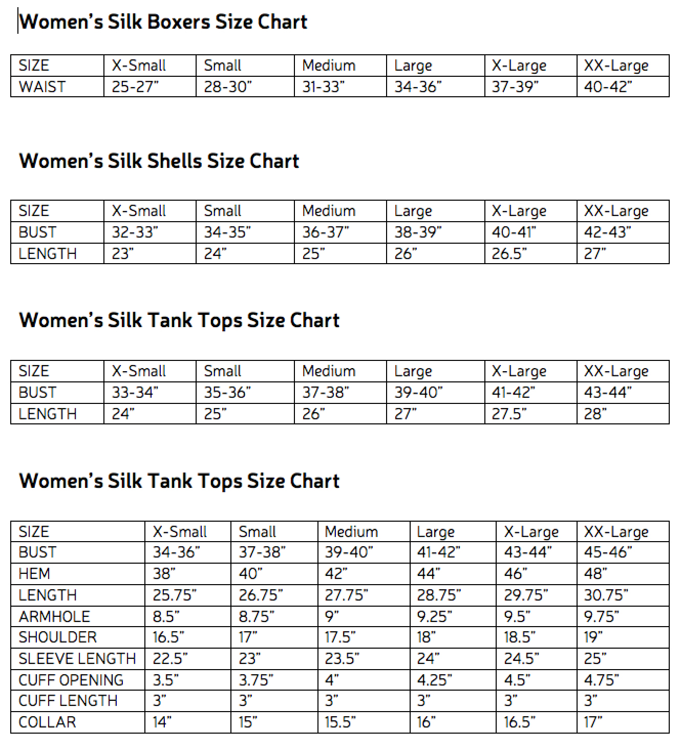 WOMENS SILK SHIRT SIZE CHART